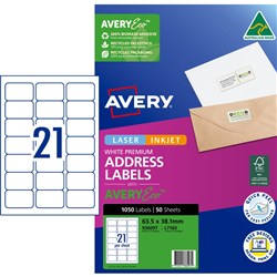 Avery Premium Address Labels White Laser Inkjet AveryEco L7160 63.5x38.1mm 21UP 1050 Lb